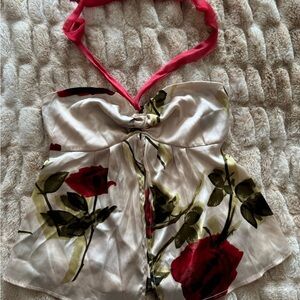 ECI Floral Blouse with Red and Olive Accents